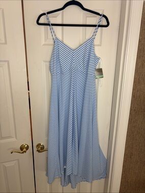 Taylor Dresses Light Blue and White Striped Spaghetti Strap Maxi Dress